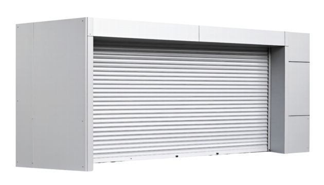 White metal roller shutter door with frame closed garage door industrial exterior security door