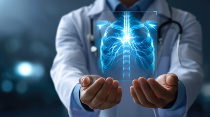 A doctor carefully examines a virtual x-ray projection with focused attention. The integration of advanced technology in medical diagnostics. Generative AI.
