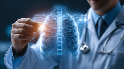 A doctor carefully examines a virtual x-ray projection with focused attention. The integration of advanced technology in medical diagnostics. Generative AI.