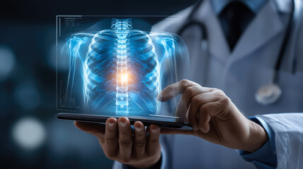 A doctor carefully examines a virtual x-ray projection with focused attention. The integration of advanced technology in medical diagnostics. Generative AI.