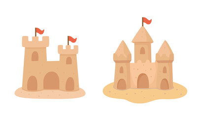 Sand castle or sandcastle vector set. Hello summer element in flat cartoon style isolated on white. © tranle1990