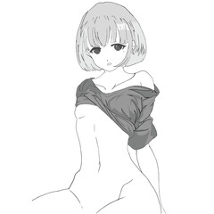 kawaii cute girl short hair black and white design handrawn