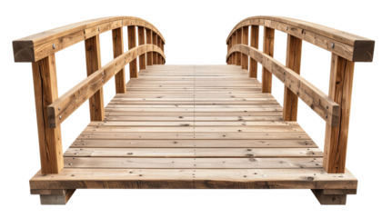 Wooden bridge with curved handrails and natural texture, peaceful outdoor crossing structure