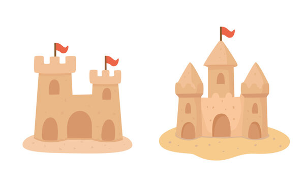 Sand castle or sandcastle vector set. Hello summer element in flat cartoon style isolated on white.