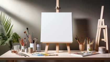 blank canvas on easel art tools and supplies bright studio space soft lighting