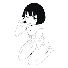 kawaii girl wake up in the morning handdrawn balck and white