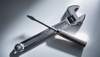 metal wrench and open ended tool close up on white surface with shadows