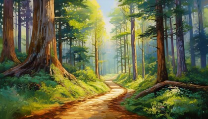 painting of path winding through forest tall trees