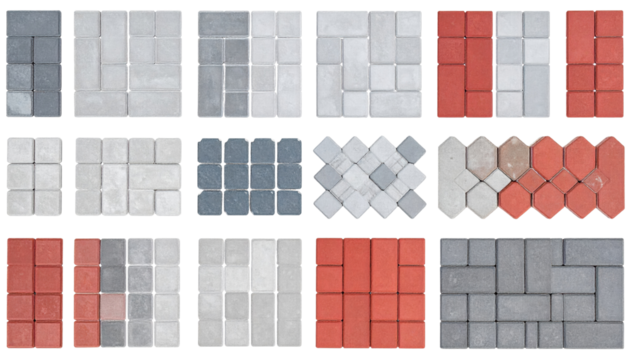 Concrete tile pattern set with various shapes and colors for creative outdoor flooring design