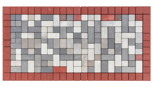 Colorful rectangular stone tiles arranged in neat pattern with red border creating calm design
