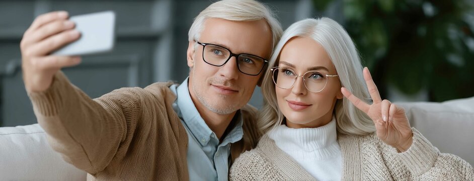 Happy senior couple takes a joyful selfie together at home while making peace signs, enjoying a cozy moment filled with love and laughter - Powered by Adobe