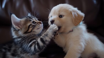 Naklejka na ściany i meble Playful kitten and puppy. Two small pets engaged in a friendly interaction