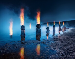 burning stone pillars emerging from misty volcanic lake in surreal night landscape