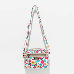 Stylish crossbody bag with a vibrant floral pattern and adjustable strap.