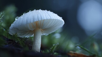 A single white mushroom in a dark forest, with morning dew forming on its delicate cap