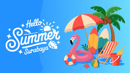 Naklejka premium Flamingo pool float brightens a summer scene with beach chair surfboards, suitable for summer vacation and beachthemed designs.
