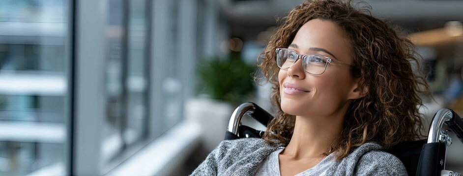 Woman in wheelchair with curly hair and glasses sits by hospital window, smiling and looking out at nature, representing hope and resilience in challenging times