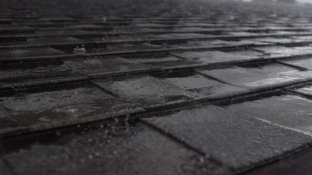 close-up of asphalt shingle roof during heavy rain. raindrops hit the surface intensely, creating visible splashes and fast-moving water streams. dynamic weather scene