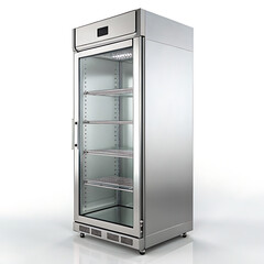 Isolated commercial refrigerator with glass door and metal shelves on a white background studio shot