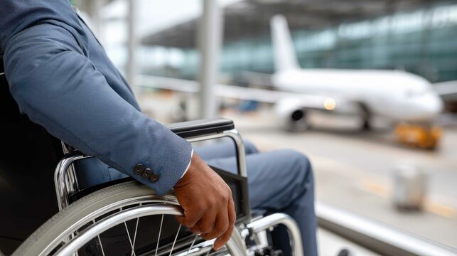 Disabled businessman navigating the airport in a wheelchair, preparing for departure with an airplane in the background