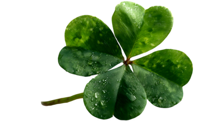 Dew drops adorn a vibrant green four leaf clover against a transparent background, conveying luck, St Patrick's Day, and natural beauty.