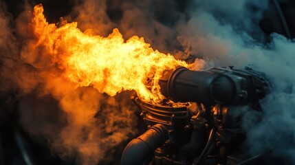 Powerful engine exhaust flames.  Exhaust fumes billowing from a powerful engine.  Intense heat and fire from a combustion system