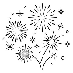 Set of firework icons, Black and white modern simple 
line art fireworks stars and sparks on white background, illustration for Xmas, New year, Holiday, Party, Business, vector banner