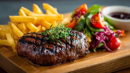 A steak served with a side of crispy fries and a fresh vegetable salad, arranged on a wooden board for a casual and appetizing presentation.
