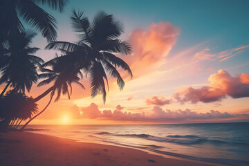 Tropical beach during sunset with blank sky area