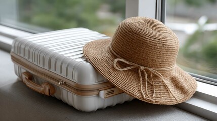 Summer travel concept featuring a suitcase and hat by the window at the airport with an airplane taking off in the background