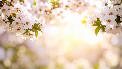 Obraz premium Delicate white blossoms with sunlit background and green leaves