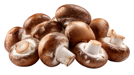 Fresh brown shiitake mushrooms displayed against a transparent background, showing their caps and stems in a food setting.