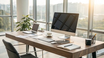 Modern Office Desk with Computer and Laptop Overlooking City View