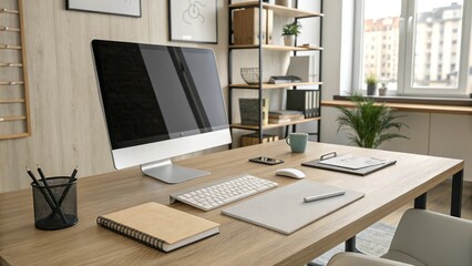 Modern Office Desk Setup with Computer and Productive Essentials
