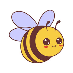 Cute bee vector illustration of a round cartoon bee with purple wings and a smiling face