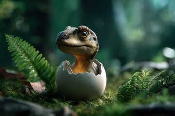 Dinosaur hatchling emerging from eggshell in a lush forest environment during daylight hours