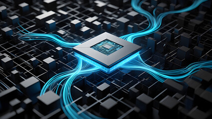 Abstract Central Processing Unit: Futuristic Digital Network, High-Tech Data Flow,  Cybersecurity Concept.
