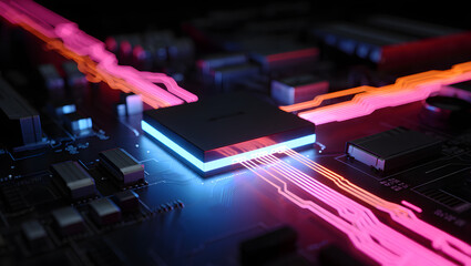 Neon Pink and Blue Circuit Board: Futuristic Tech Processor, Data Transfer, High-Speed Computing.