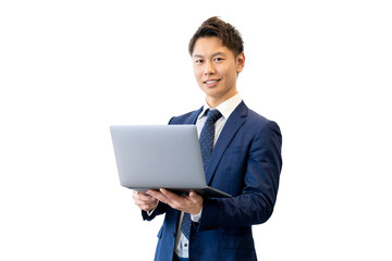 パソコンを持つ笑顔の男性ビジネスマン（背景透過PNG）