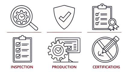 Illustration showing inspection, production, and certifications with icons and process management tools