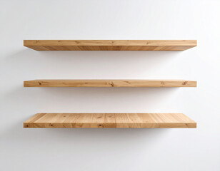 Wooden shelves on a white wall mock up isolated on white background