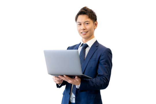 パソコンを持つ笑顔の男性ビジネスマン（背景透過PNG）