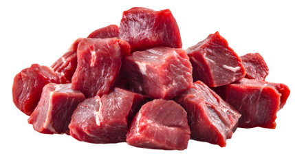Fresh raw beef cubes displayed against a transparent background showcasing the red meat and its texture, ready for cooking or culinary use.