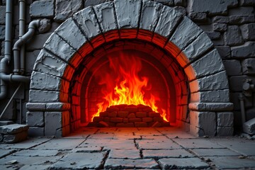 Blazing Hearth: A captivating visual of a stone hearth engulfed in a fiery blaze, showcasing the intensity of heat and the raw power of combustion in a rustic setting.