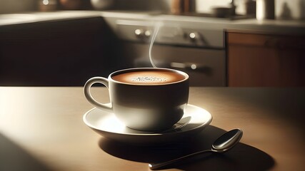 Dark brown coffee with a creamy sauce on a wooden table in a simple abstract background which sunlight fills the kitchen