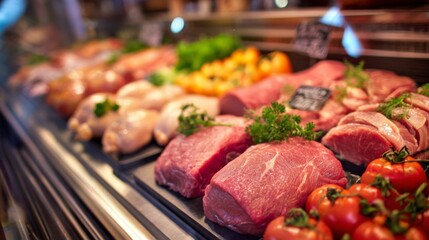 A variety of fresh raw meats, including beef, pork, and chicken, displayed at a butcher shop
