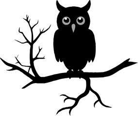 Cute cartoon owl bird character with wise eyes sitting on a tree branch at night