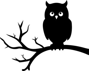 A silhouette of an owl perched on a tree branch