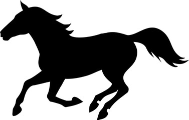 A black silhouette of a majestic horse in full gallop, showcasing its powerful movement and graceful form
