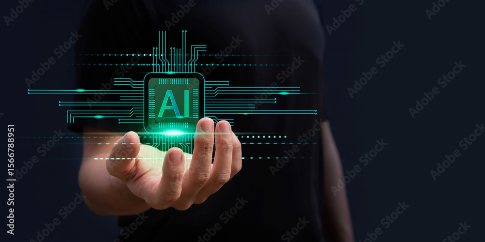 Poster a hand showing technology with cyber security, digital transformation, finance, document file manage